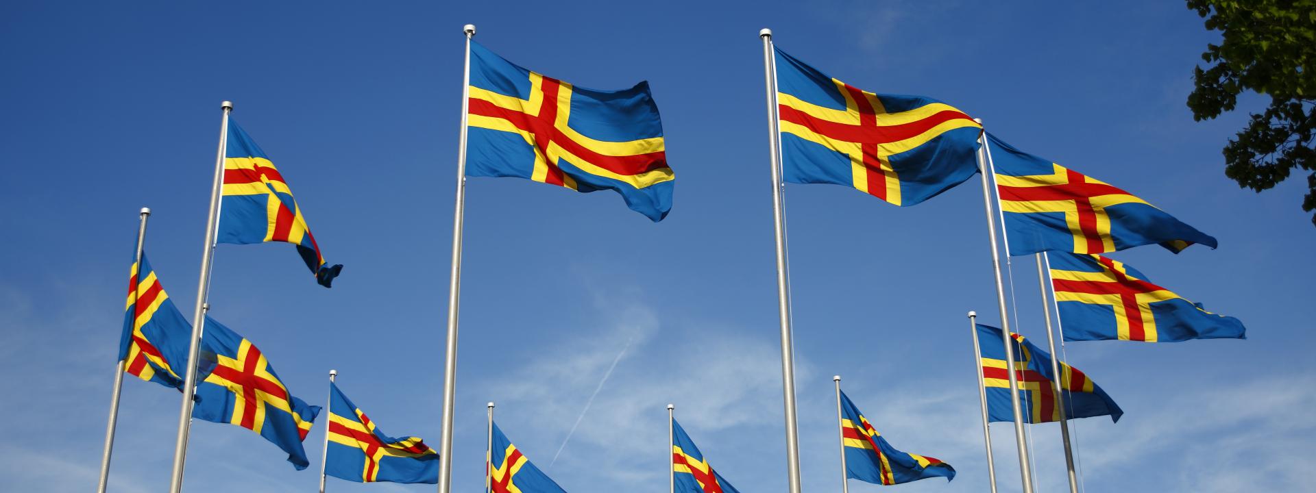 Åländska flaggor på Självstyrelsegården.