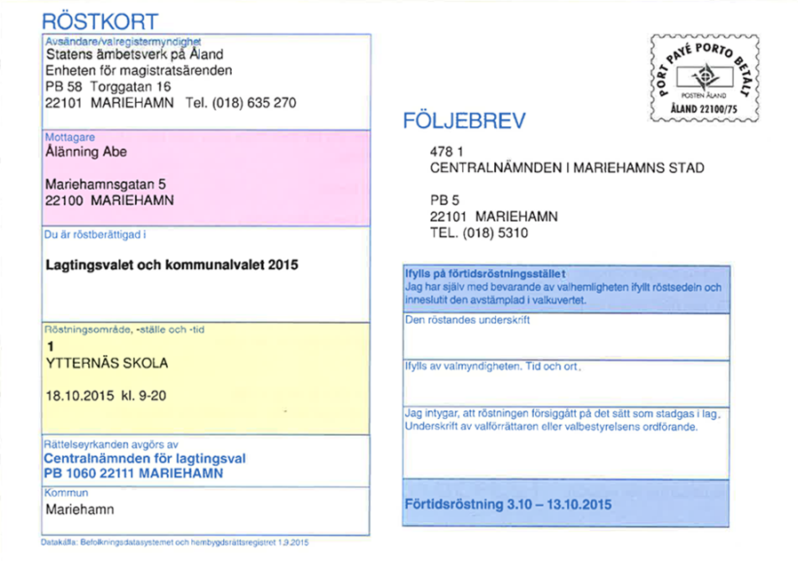 Exempel på ett röstkort.
